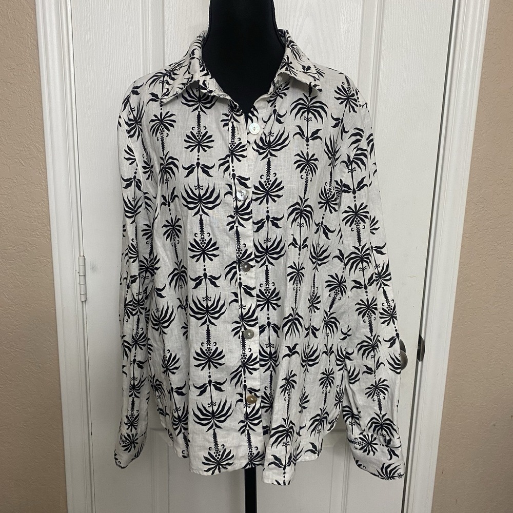 Nicole Miller New York 100% Linen Floral White Beach Button Shirt Women Large